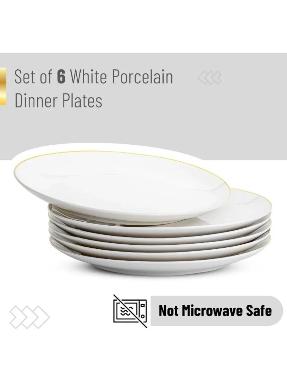 Elegant White Porcelain Dinner Plates Set of 6 with Gold Rim, 10.5